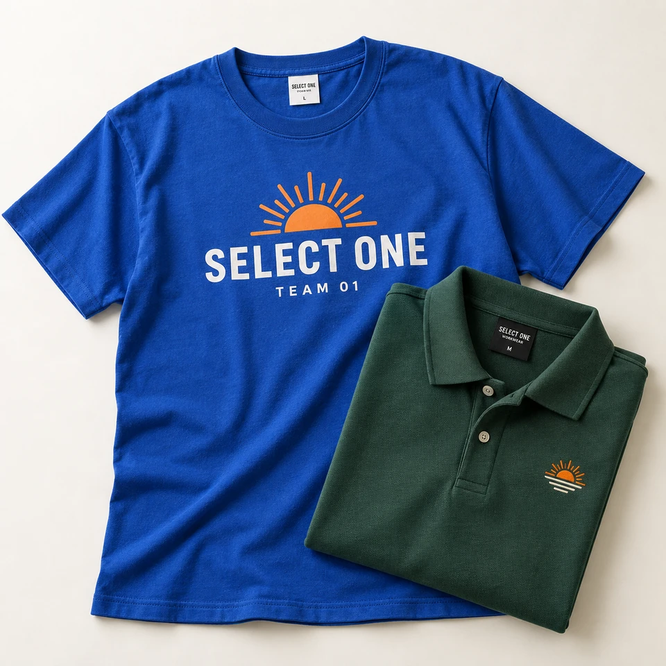 青いプリントTシャツと胸に刺繍を施した緑のポロシャツの制作イメージ