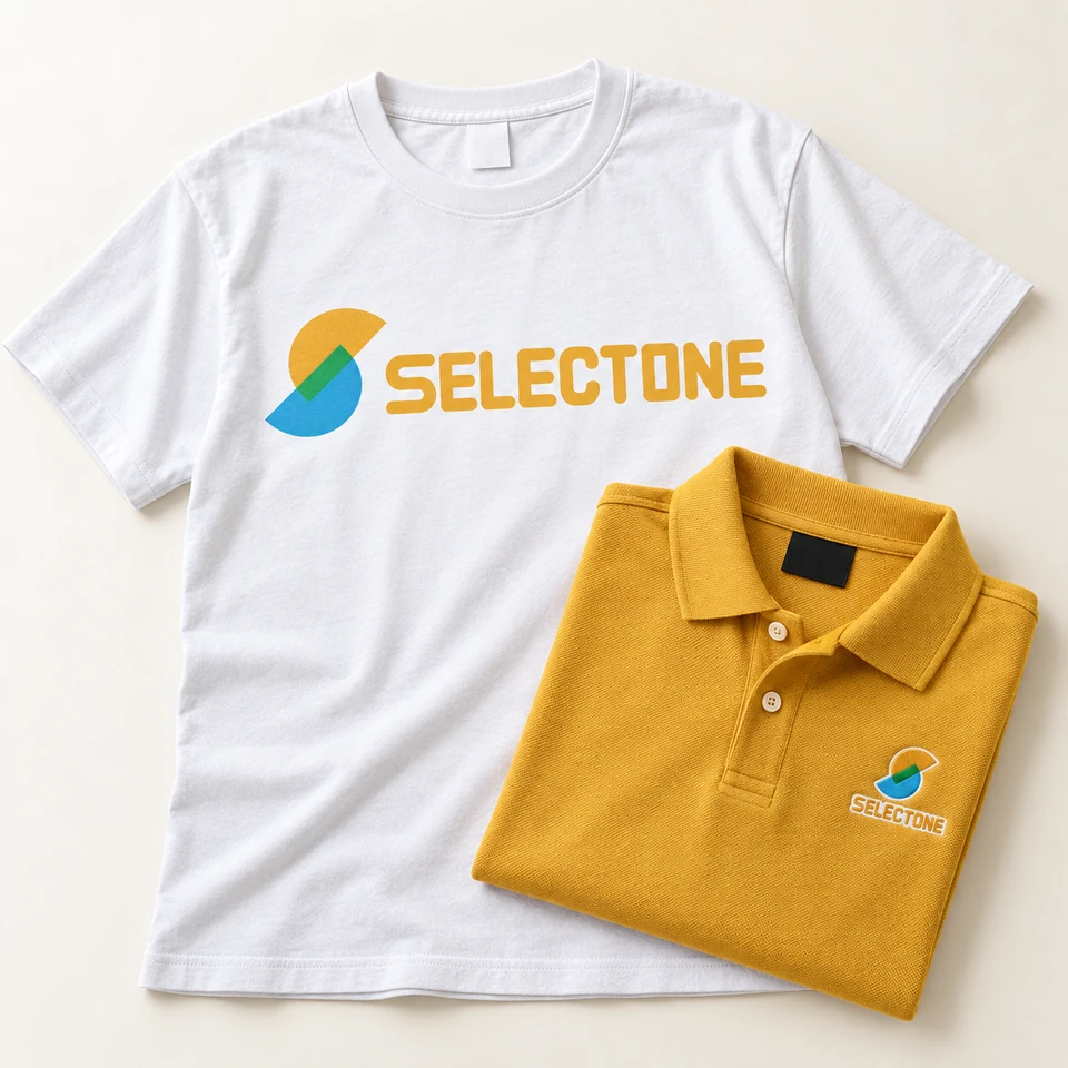 セレクトワンの正式ロゴをプリントした白いTシャツと、ロゴ刺繍付きのゴールドのポロシャツの制作イメージ